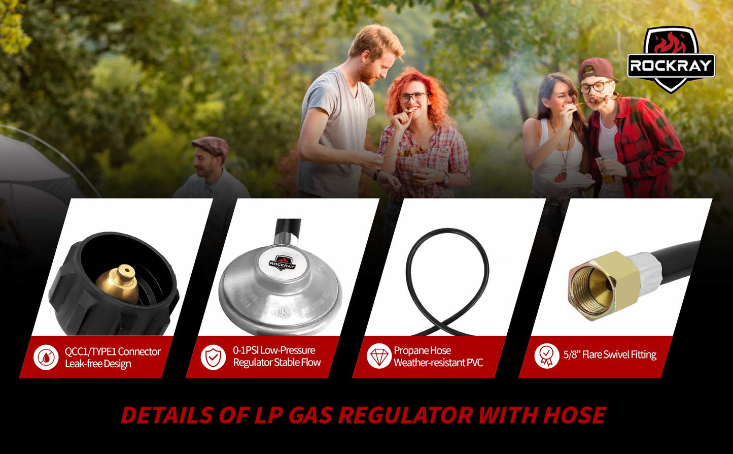 ROCKRAY Propane Regulator and Hose 6Ft , CSA Certified Gas Grill Adapter with QCC1 , Fits Weber Genesis/Spirit, Char-broil, Kenmore & Brinkmann Gas Grills