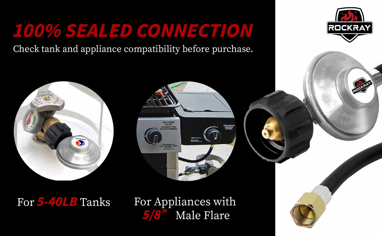 ROCKRAY Propane Regulator with Hose, 8FT, Black, 3/8" Female Flare & QCC1 Connector Gas Line Connector, 1 Piece