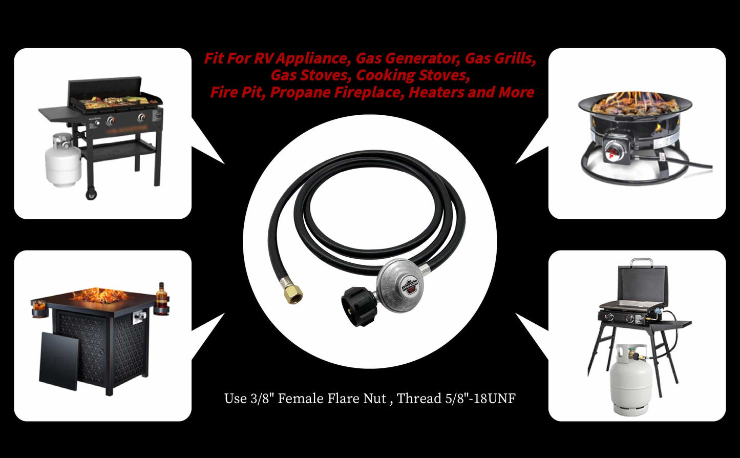 ROCKRAY Propane Regulator with Hose, 8FT, Black, 3/8" Female Flare & QCC1 Connector Gas Line Connector, 1 Piece
