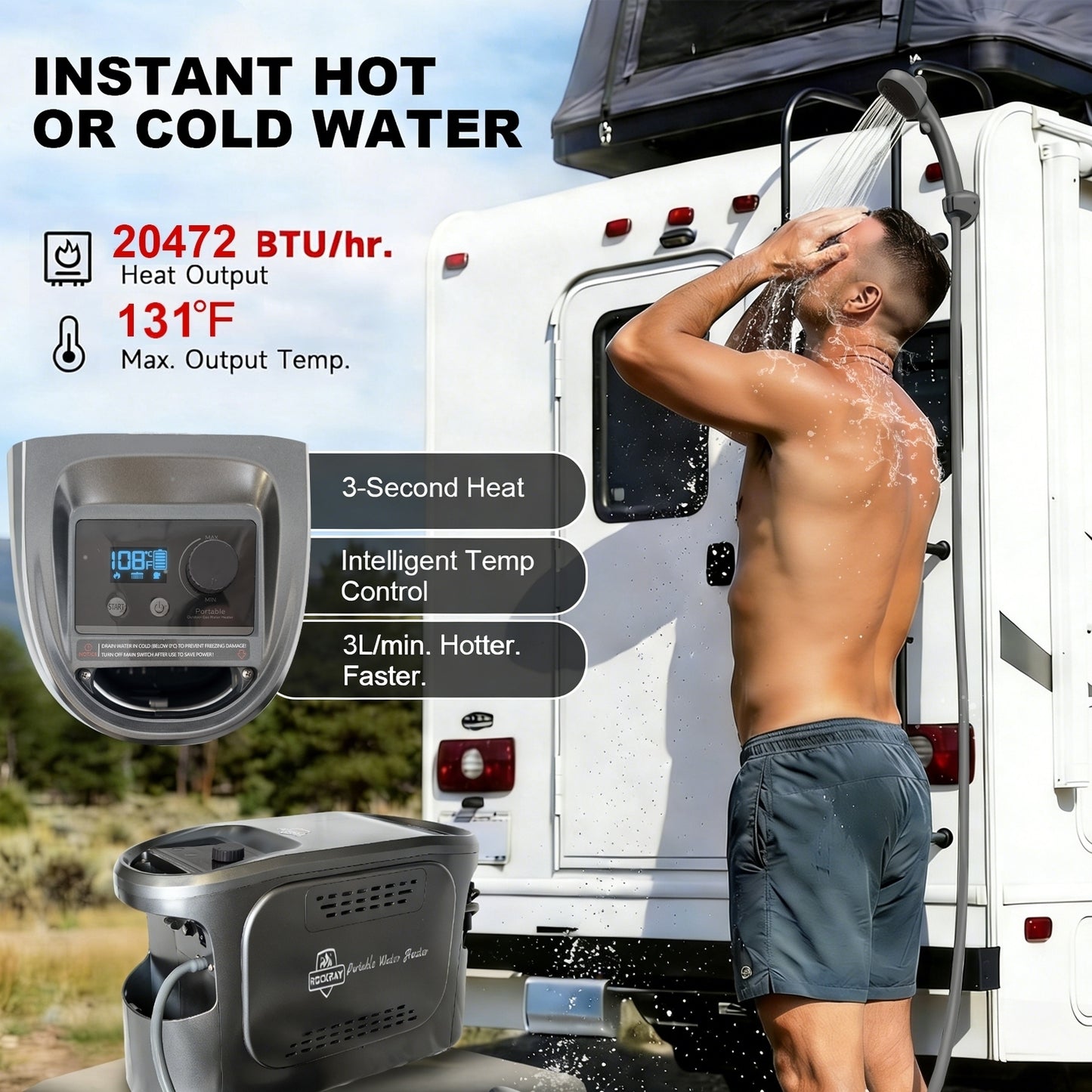 Portable Propane Water Heater for Camping, Instant Hot Water Heater with 5200mAh Battery,Max 180 Mins Runtime, Outdoor Shower for RV, Cleaning & Pet Washing