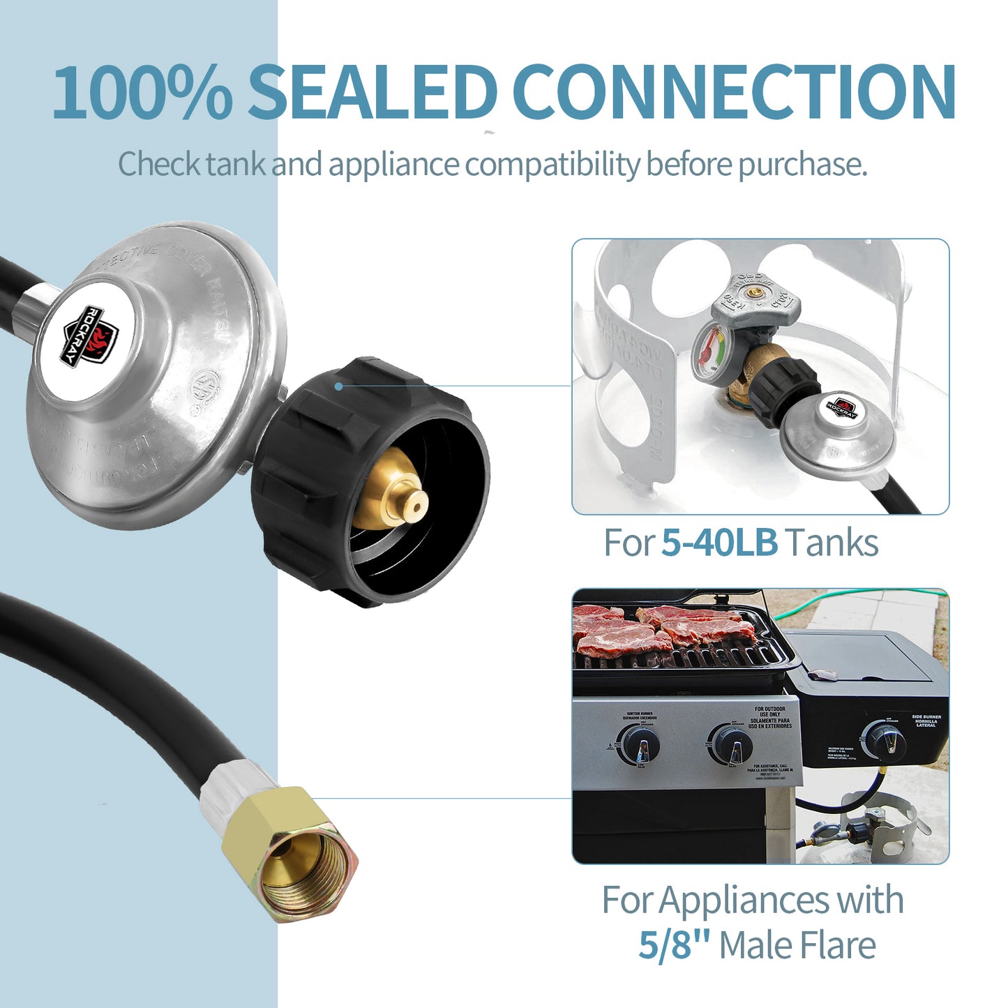 ROCKRAY Propane Regulator with Hose, 8FT, Black, 3/8" Female Flare & QCC1 Connector Gas Line Connector, 1 Piece