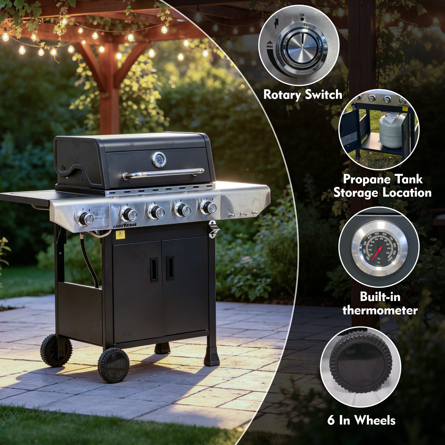 42,400 BTU Stainless Steel Burner Barbecue Grill, Propane Gas Grill with Side Burner, Cast Iron Grids and Plate BBQ for Patio, Camping, Outdoor Cooking