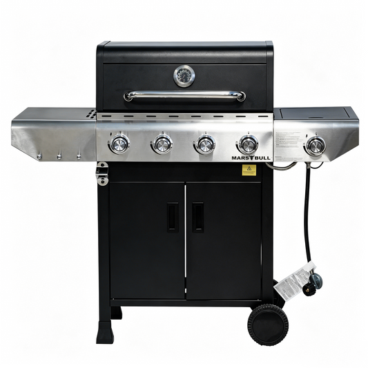 42,400 BTU Stainless Steel Burner Barbecue Grill, Propane Gas Grill with Side Burner, Cast Iron Grids and Plate BBQ for Patio, Camping, Outdoor Cooking